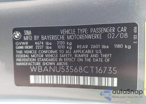 2008 BMW 528I из США, поврежденный, VIN WBANU53568CT16735